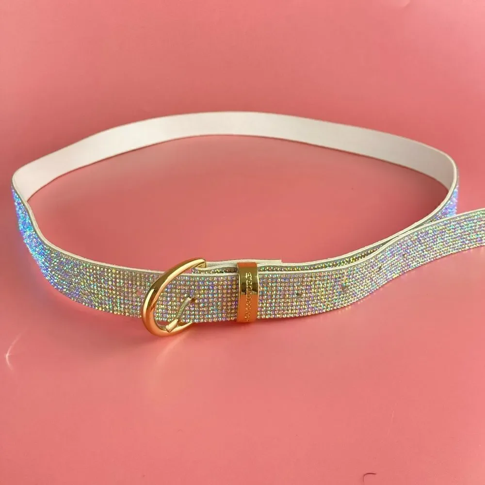 JUICY COUTURE SILVER RHINESTONES GOLD BUCKLE WHITE LEATHER BELT
